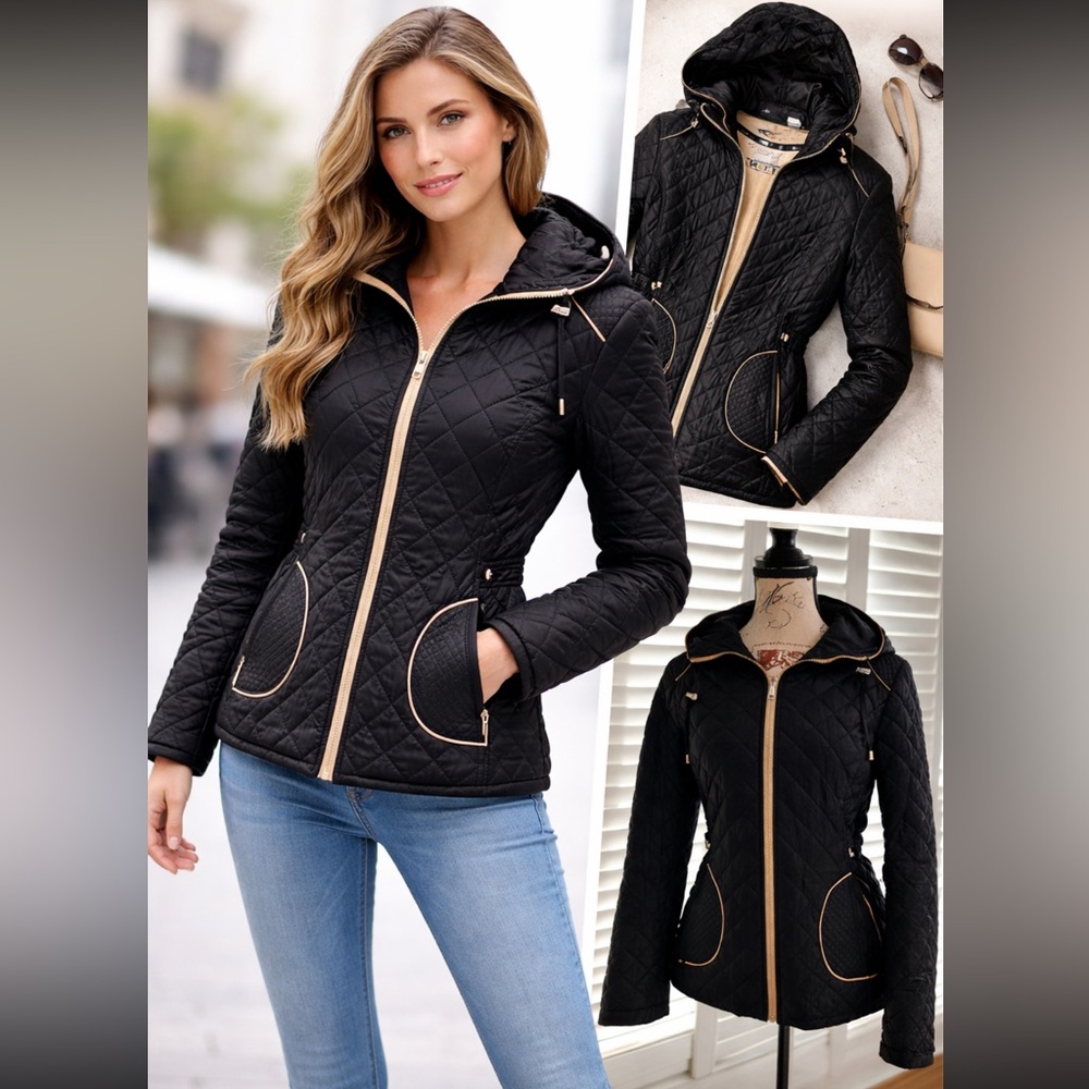 Nautica quilted puffer jacket in classic black with tan trim accents 🤍
